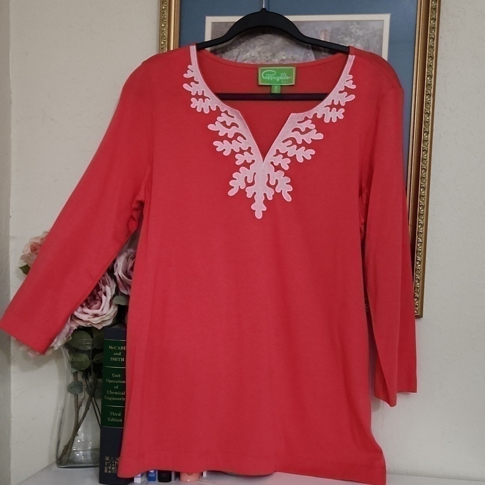 Coral top size M mid sleeve Coastal Lagenlook contemporary Artsy vacation